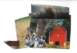 A collage of images featuring fallen yellow leaves on the ground, dense branches against a cloudy sky, and people gathered around a silver boom box sitting near a bright red barn. Image by Bri Robinson.