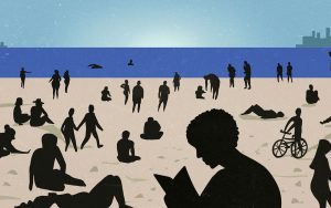 A digital illustration of a beach setting featuring figures with different body types enjoying beach activities. The figures are all solid black silhouettes but contain individuality through details of hats, hairstyles, and mannerisms. One figure holds up a bicycle on the sandy shore, others walk hand in hand towards the water, many sit and gaze at the lake in the distance, and one reads a book. In the distant lake, a few figures swim. On the very edge of the horizon is a city scape. Illustration by Julia O'Brien.