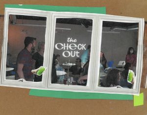 A collage of the front window of the new music venue The Check Out with people inside holding slushies. Artwork created by Bri Robinson.