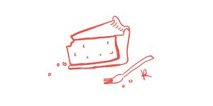 Image: A drawing of slice of pie and fork in the color red on a white background. Illustration by River Ian Kerstetter for a comic published by Sixty.