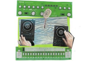 Image: Collage featuring a green drum machine between a puddle with hands DJ'ing on CDJ's on either side. An ear with a beaded earring dandles in the center above the puddle. Image by Bri Robinson (@niq.uor).
