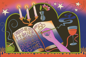 A digital illustration of an open book surrounded by a candlestick with three lit candles, a green ashtray with a lit cigarette, a wine glass, and a flower in a bud vase. A purple hand with long red nails draws runic symbols on the book pages. Several stars float above the book in a blue, purple, and red haze. Illustration by Alexis Stein.