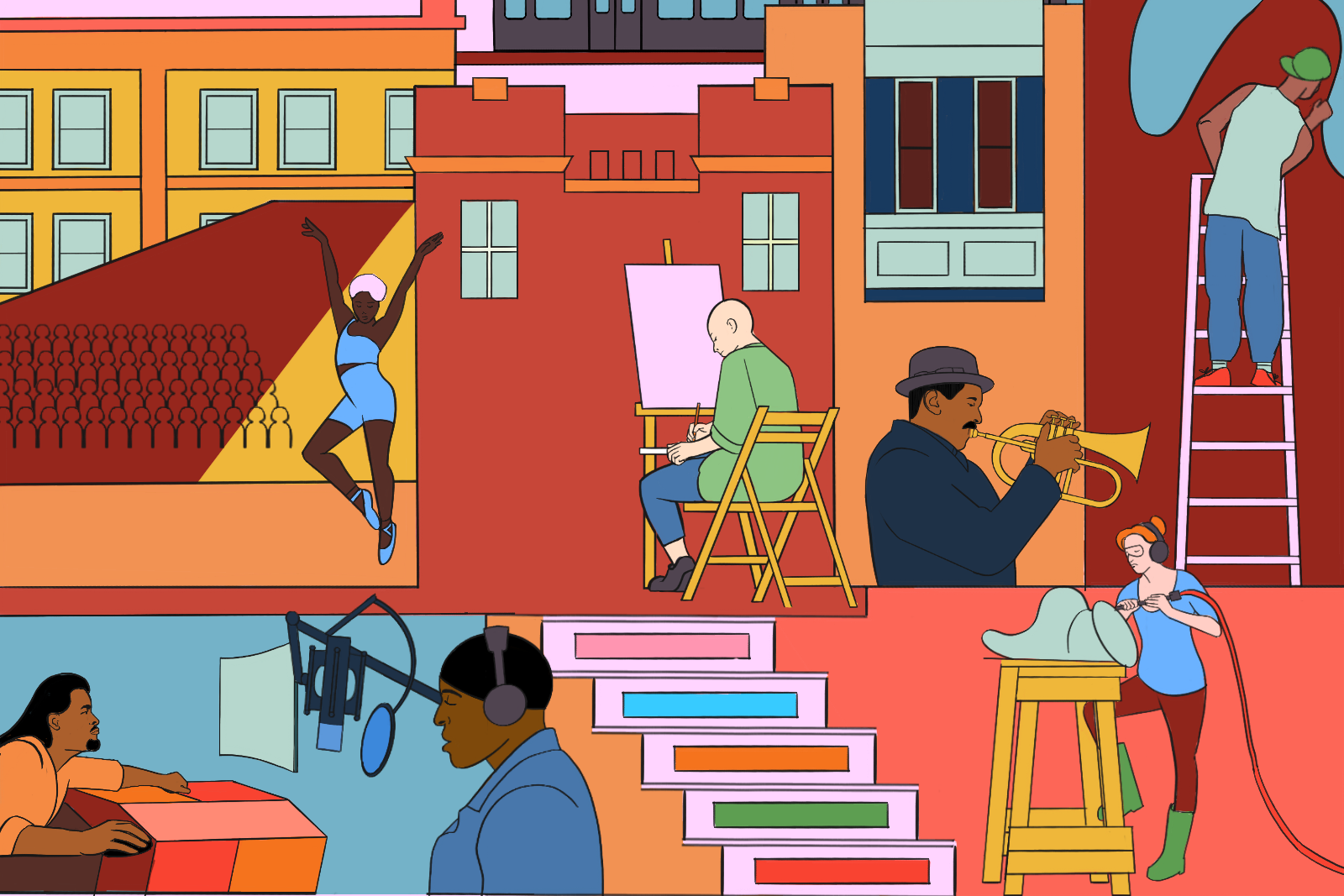 Image: A colorful multi-paneled illustration shows a myriad of artists including performers, musicians, and visual artists working in various types of spaces in an urban setting. Illustration by Kiki Lechuga-Dupont.