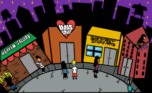 A vibrantly colored digital illustration of community members gathered near four neighborhood shops in front of a large city skyline. From left to right in the image: A figure wearing a black hoodie and blue pants spray paints 'Faith' on the side of a brown brick building. It has a single, grey door and green and red awning with 'Heaven Gallery' written on top. At the door of this building is another figure wearing long sleeve white shirt and black pants. Moving to the right is a second storefront that is orange with two grey double doors and a big red heart at the top. The heart has the words 'More Love' written in white bubble letters. Two figures stand in the grey, cracked street facing it. Next to them is another figure who is smiling, wearing a bright pink top and black miniskirt. The figure stands in profile along the street in front of a yellow store with a bright blue window and grey double doors. 'Side Street Studio Arts' is written in black at the top. A sixth figure crouches on top of a tall, red building with grey double doors and 20 small rectangular windows. The figure spray paints 'Hope' at the top of the building in bright pink neon.The final figure faces the red building. They are wearing a teal tank top, grey pants, and their hair is shaved on both sides of their head leaving a strip of hair in the middle. Behind the colorful storefronts is the black shadow of a city skyline. Through the buildings, golden stars dot a vibrant purple sky.