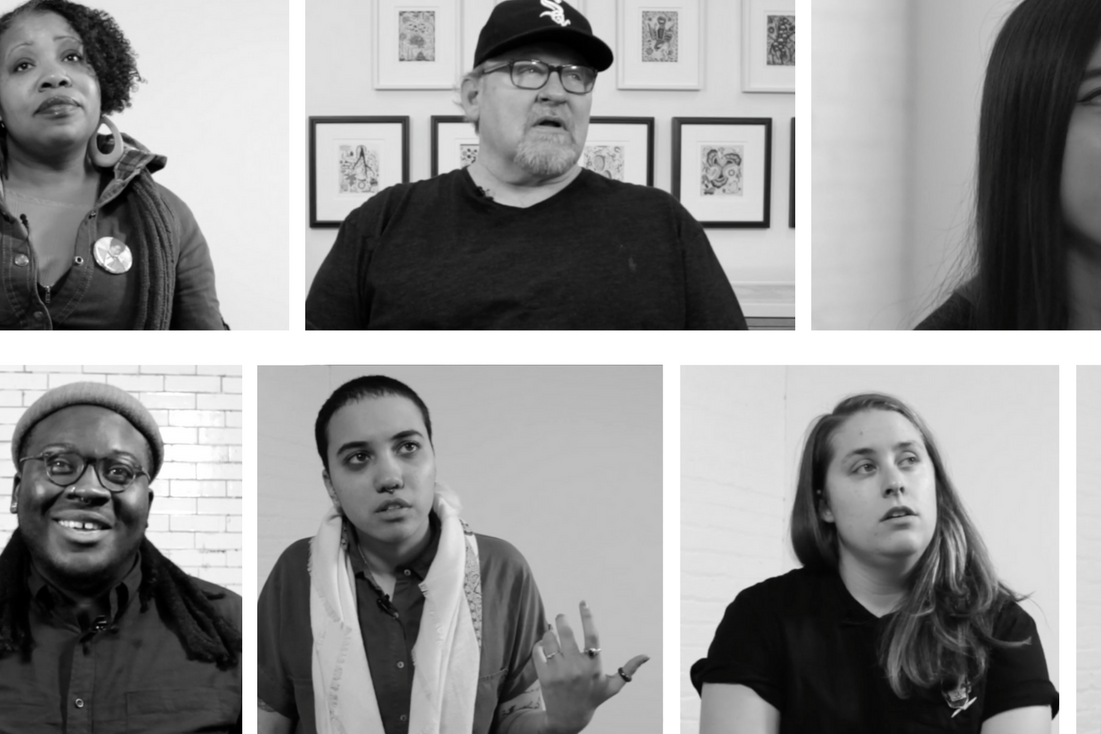 Image: Stills from interviews with [left to right, top to bottom] Felicia Holman (interdisciplinary artist), Tony Fitzpatrick (artist, writer, actor), Jenny Lam (writer, curator, artist), James T. Green (designer, audio producer, artist), RA (poet), Hannah Welever (filmmaker), and Paola Aguirre (urban designer).